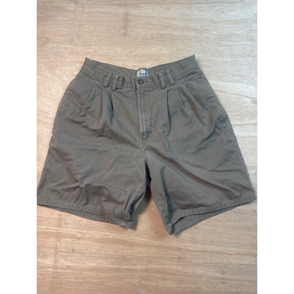 City Streets Pleated Chino Shorts Mens Size 30 Gray Olive Casual Cotton